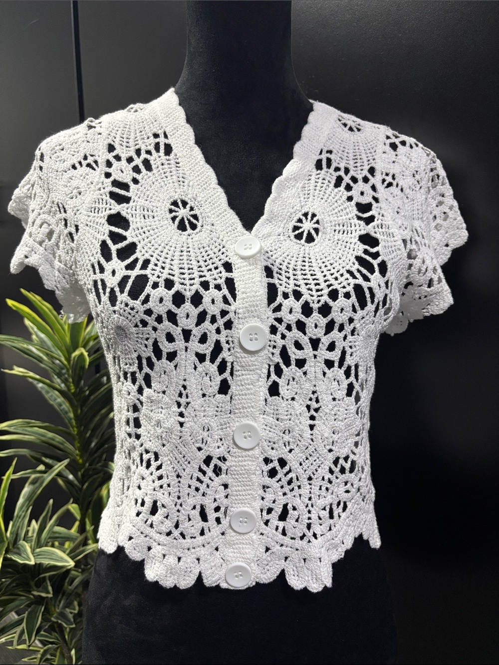 Vivid Granny Crocheted Crop, button down, short butterfly sleeve